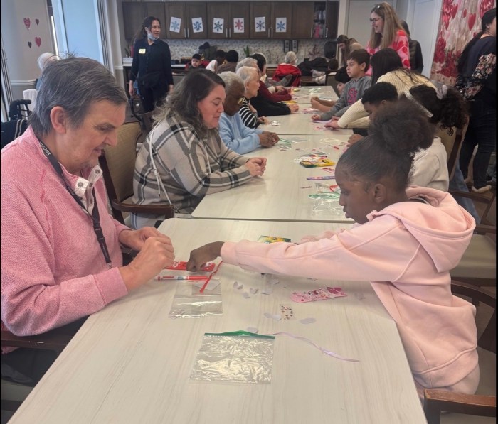 Shelter Rock Elementary School students visiting senior residents at Atria Park of Great Neck for an intergenerational Valentine’s Day program.