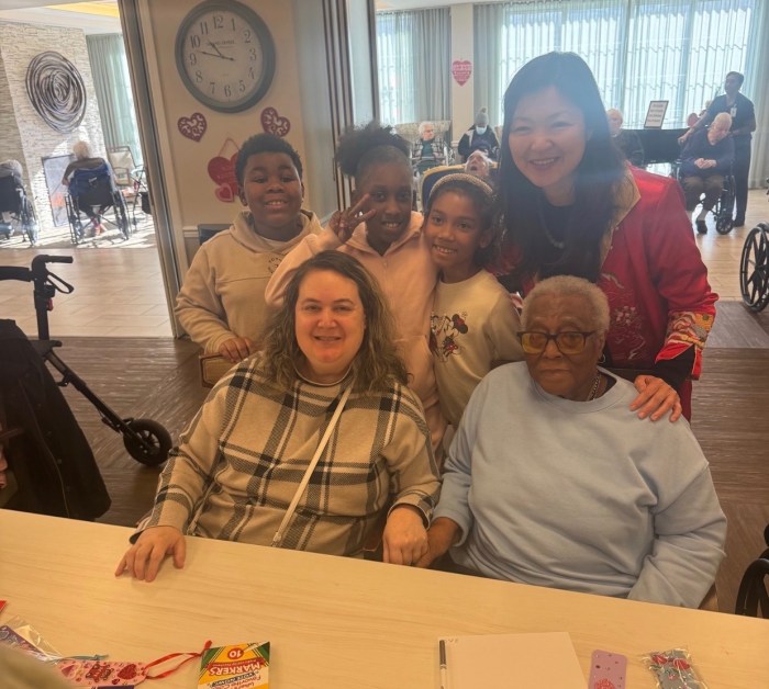 Shelter Rock Elementary School students visiting senior residents at Atria Park of Great Neck for an intergenerational Valentine’s Day program.