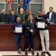 Glen Cove City Mayor Pam Panzenbeck (C.) and the city council honored Destin Harvey (R.) and Desirae O’Neill (L.) as part of Black History Month.