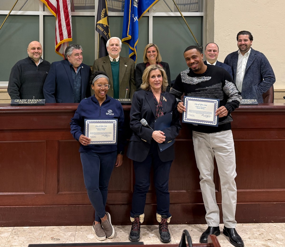 Glen Cove City Mayor Pam Panzenbeck (C.) and the city council honored Destin Harvey (R.) and Desirae O’Neill (L.) as part of Black History Month.