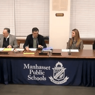 Interim Superintendent Christopher Pellettieri, President Ted Post, Vice President Nadia Giannopoulos, and Trustee Marianna Bruno (L. to R.) at Jan. 29 board of education meeting