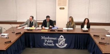 Interim Superintendent Christopher Pellettieri, President Ted Post, Vice President Nadia Giannopoulos, and Trustee Marianna Bruno (L. to R.) at Jan. 29 board of education meeting