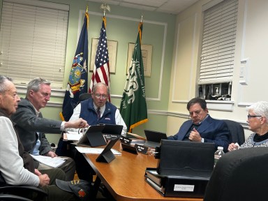 Trustee Jerry Love, Village Attorney Christopher Prior, Mayor Kenneth Riscica, Trustee Daniel Cataldo, and Trustee Mary Hauck (L. to R.)