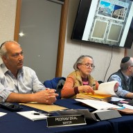 Mayor Pedram Bral, Trustee Anne Mendelson, and Deputy Mayor Barton Sobel (L. to R.) listen to facade material petition