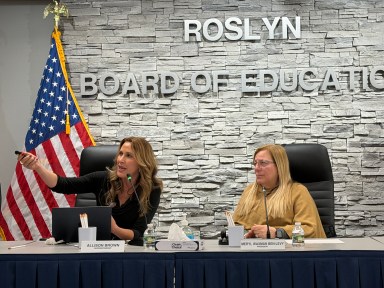Roslyn Superintendent Allison Brown (L.) and Board of Education President Meryl Waxman Ben-Levy discussed updates to the 2026-2027 budget proposal.