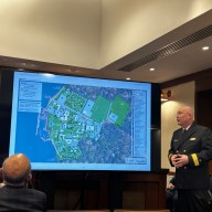 Rear Admiral John Shea presenting on the United States Merchant Marine campus revitalization plan