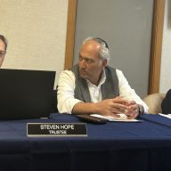 Trustee Steven Hope, Mayor Pedram Bral, and Trustee Anne Mendelson (L. to R.) at Feb. 17 board of trustees meeting