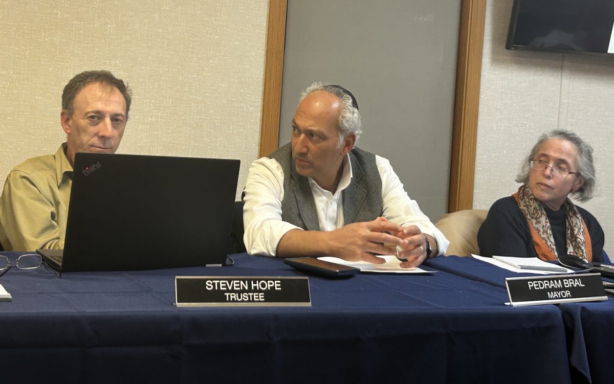 Trustee Steven Hope, Mayor Pedram Bral, and Trustee Anne Mendelson (L. to R.) at Feb. 17 board of trustees meeting
