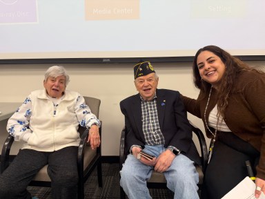 Karin Arlin, Harry Arlin and Shaked Zazon (L. to R.) at Sid Jacobson JCC to honor Holocaust Remembrance Day.