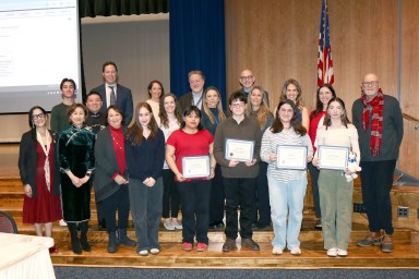 Village School students being recognized by the Great Neck Board of Education