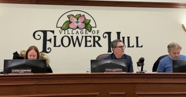 Flower Hill Trustee Claire Dorfman, Mayor Randall Rosenbaum and Deputy Mayor Frank Genese during the February board of trustees meeting where they discussed updates to village code.