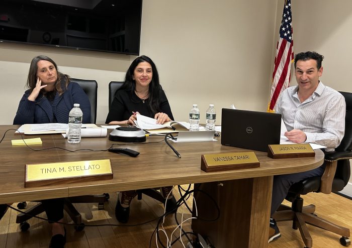 Commissioner Tina Stellato, Commissioner Vanessa Tamari, and Superintendent Jason Marra (L. to R.) at Wednesday, Feb. 25 Great Neck Park District meeting
