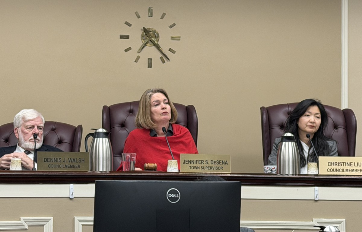 Council Member Dennis Walsh, North Hempstead Supervisor Jennifer DeSena and Council Member Christine Liu during the February North Hempstead board meeting, where the board listened to residents concerns over electric charging stations.