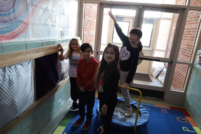 Students Kaylee Kircher, Aidan Mulvey, Graciela Daly and Payton Lum had fun during their first experience in the sensory hallway.