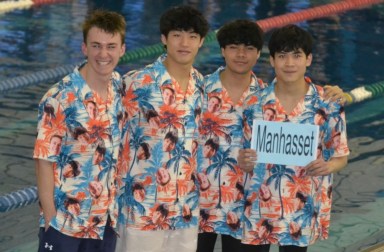 Swimmers Thomas Grygel, Andrew Koek, Ryan Dissanayake and Ryan So at the Nassau County Championships.