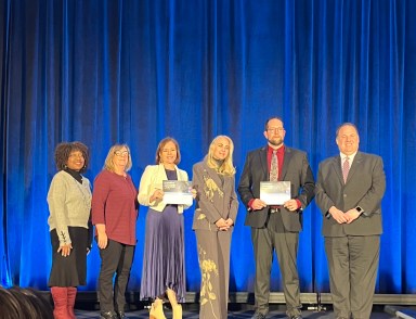 (L. to R.) National School Boards Association Executive Director Verjeana McCotter-Jacobs, trustee Patricia Rudd, Director of Technology and Innovation Jennifer Scamell and Superintendent of Schools Jennifer Morrison-Raptis, Columbia Union School District (CA) Superintendent Nicolas Wade and National School Boards Association President Devin Sheehan at the innovative technology awards ceremony.
