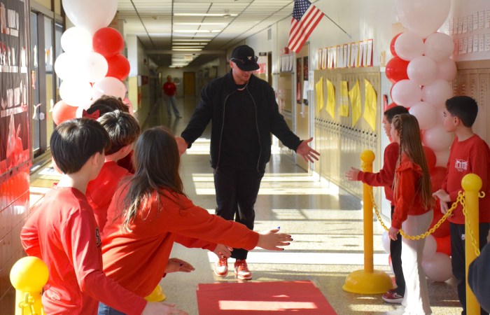 Los Angeles Angels catcher and Long Island native Logan O’Hoppe was welcomed by McKenna Elementary School students.