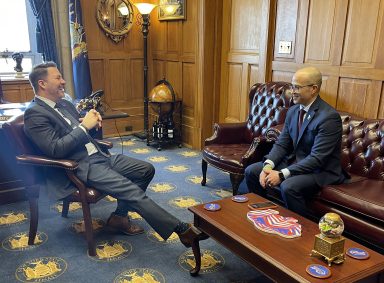 Assembly Minority Leader Ed Ra (R-Franklin Square) (R.) and Senate Minority Leader Rob Ortt (R-62nd Senate District) (L.) in a New York State Legislature office.