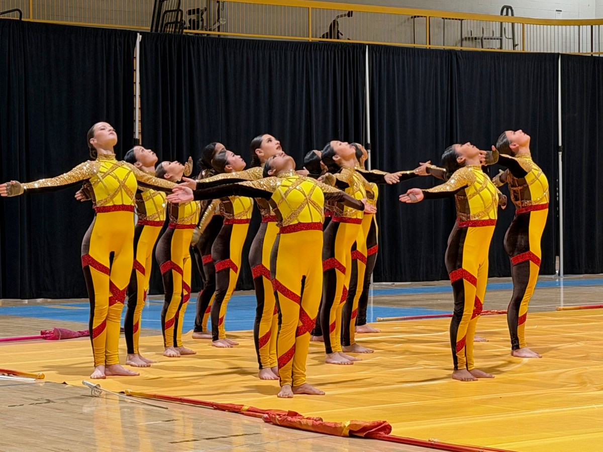 Ready for launch: The Roslyn Color Guard at the start of their performance in the 3rd annual Celebration of Color on Saturday, Feb. 7. Roslyn hosted the event, which featured color guard teams from 11 area high schools.