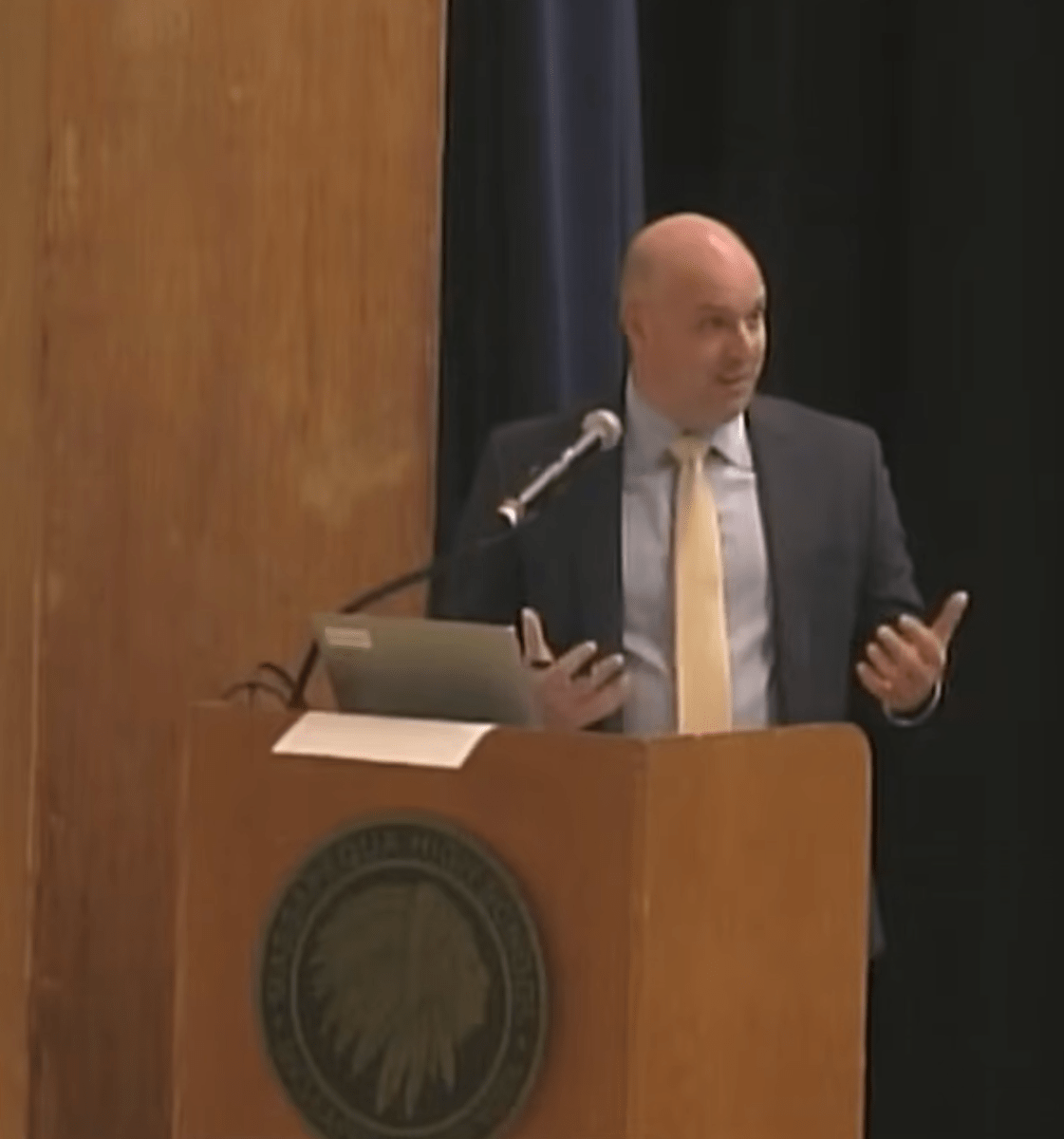 Ryan Ruff, the Massapequa School District's assistant superintendent for business, presented thhe first of several budget presentations at the board of education meeting.