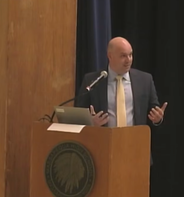 Ryan Ruff, the Massapequa School District's assistant superintendent for business, presented thhe first of several budget presentations at the board of education meeting.