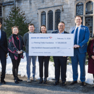 Planting Fields Foundation Trustees Robert Foschi, Tim Dooley, Amy Xu, Planting Fields Foundation President and CEO Gina J. Wouters, President of Bank of America Long Island Marc Perez, Merrill Wealth Management Advisor for Bank of America John Rizzo, and Business Banking Relationship Manager for Bank of America Wendy Samuels (L. to R.).
