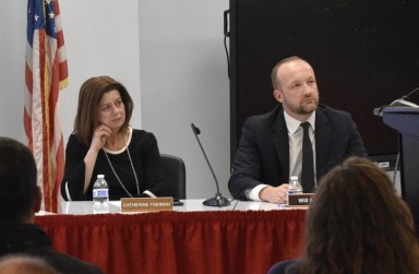 Interim Superintendent Catherine Fishman (L.) and William Herman, assistant superintendent for business and operations (R.) at a recent board meeting.