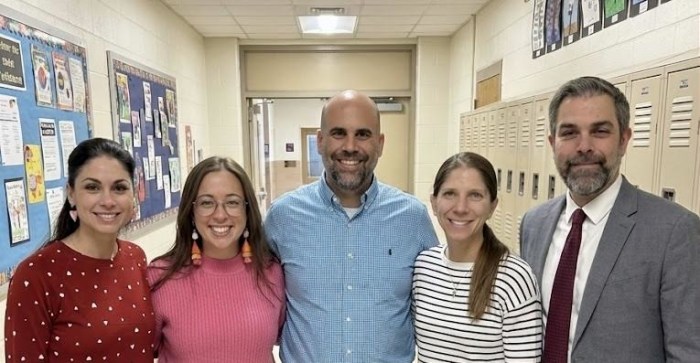 Syosset art educators (from L. to R) Mariana Beach, Tiffany Holtje, Damon Tommolino, Amanda O'Rourke, and Christopher Hale, presented their reflective methodology“ Process and Authenticity” at the board of education’s meeting on Monday, Feb. 9.