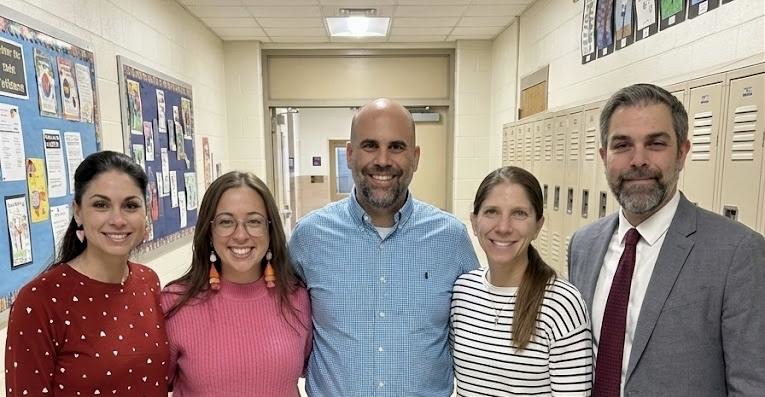 Syosset art educators (from L. to R) Mariana Beach, Tiffany Holtje, Damon Tommolino, Amanda O'Rourke, and Christopher Hale, presented their reflective methodology“ Process and Authenticity” at the board of education’s meeting on Monday, Feb. 9.