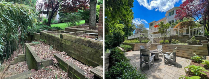 Before and after: Hicks Landscapes was awarded a second gold in the “Passive Use Area” category for transforming a hazardous slope into a safe, multi-level retreat for the residents to be able to enjoy their back yard.