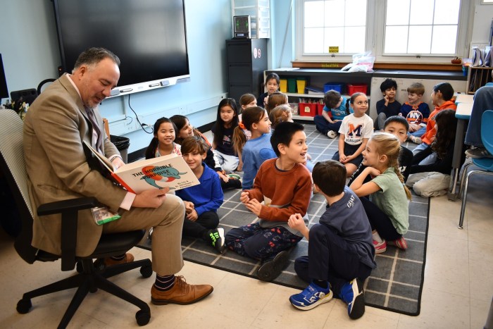 Manhasset Superintendent of Schools Dr. Christopher Pellettieri read his own book, “The Horrible Porpoise,” to Munsey Park second graders.