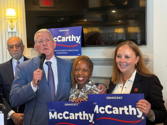 North Hempstead Town Council Member Robert Troiano Jr., Sean McCarthy, Nassau County Legislator Viviana Russel and Nassau County Legislature Minority Leader Delia DeRiggi-Whitton during McCarthy's announcement.