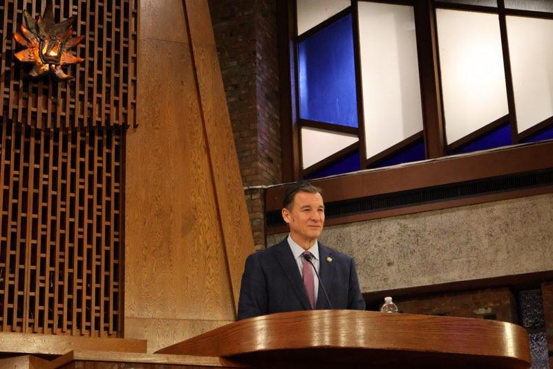 U.S. Rep. Tom Suozzi held an event speaking to the community at Temple Beth Sholom when protestors spoke up about Suozzi voting to fund the Department of Homeland Security.