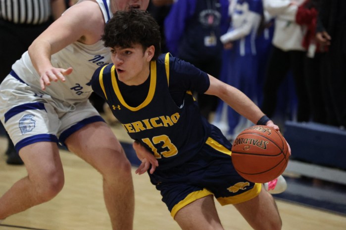 Jericho Jayhawks’ co-captain Casey Deutsch drives to the basket in a road win at New Hyde Park.