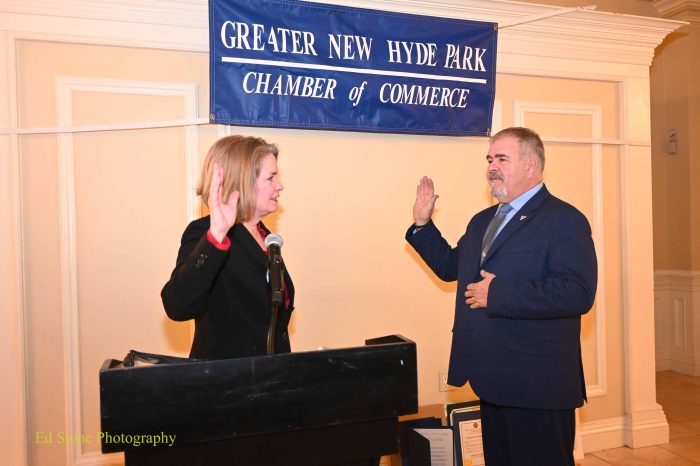 Town of North Hempstead Supervisor Jennifer DeSena (L.) administered the swearing-in ceremony for new Chamber President Dean Lykos (R.).