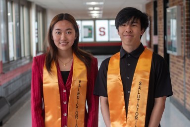 Syosset High School Class of 2026 valedictorian Grace C. Liu (L.) and salutatorian Sean Yang (R.)
