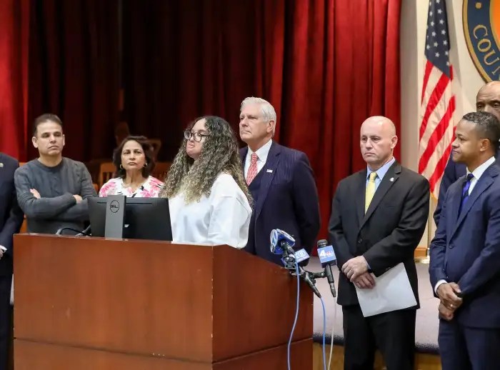 Nafiah Ikram at a news conference with elected officials to announce that the reward for information leading to the arrest of her attacker is now $50,000.