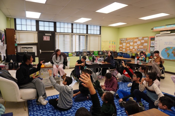 Students visited Denton Avenue school to share language lesson. 