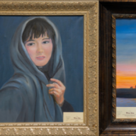 Three paintings by artist Wen Xin now on display at the Jericho Library are (from L. to R.) “Girl in Red Hat,” “Artist” and “Treasured Memory.”