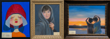 Three paintings by artist Wen Xin now on display at the Jericho Library are (from L. to R.) “Girl in Red Hat,” “Artist” and “Treasured Memory.”