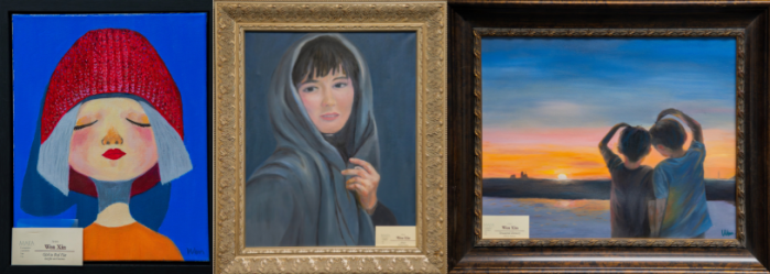 Three paintings by artist Wen Xin now on display at the Jericho Library are (from L. to R.) “Girl in Red Hat,” “Artist” and “Treasured Memory.”