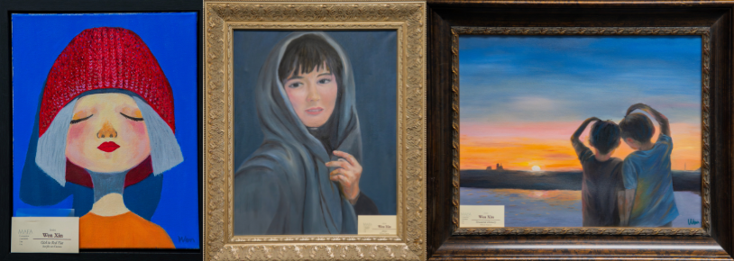 Three paintings by artist Wen Xin now on display at the Jericho Library are (from L. to R.) “Girl in Red Hat,” “Artist” and “Treasured Memory.”