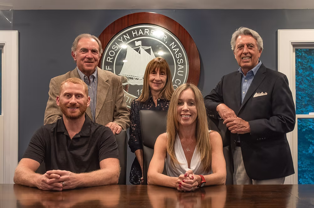 Village of Roslyn Harbor Trustee James Friscia (Top L.) was reelected, while Trustee Abby Kurlender (C.) stepped down, making way for new Trustee Lauren Archer. 