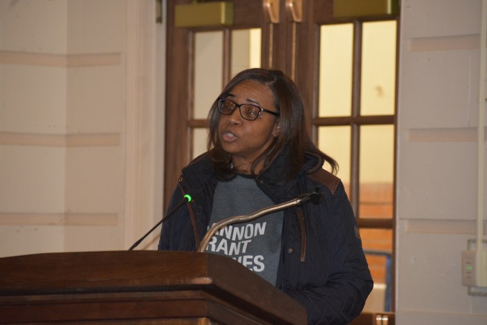 Parent Gerdie Gordon discussing BOCES during public comment.