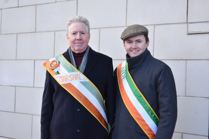 Donal Mahoney (L.), master of ceremonies for the parade, with this son, Donal Mahoney III (R.).