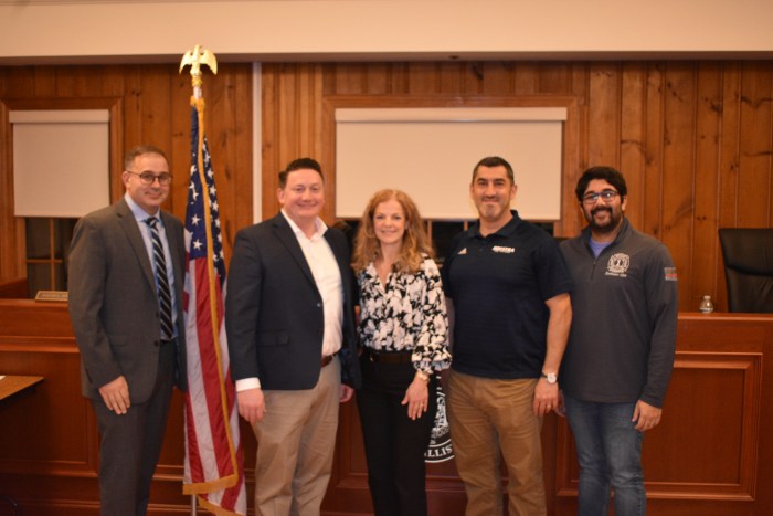 East Williston's board, (L. to R.) Trustee James Iannone, newly appointed Trustee Dan Simone, Mayor Bonnie Parente, Deputy Mayor Anthony Gallo and Trustee Rushi Vaidya.