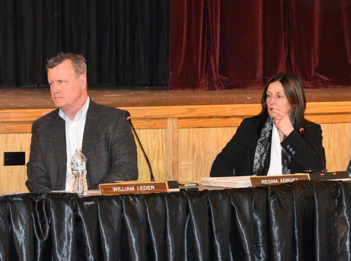 Board President William Leder (L.) and Superintendent Regina Agrusa (R.) at the recent school board meeting.