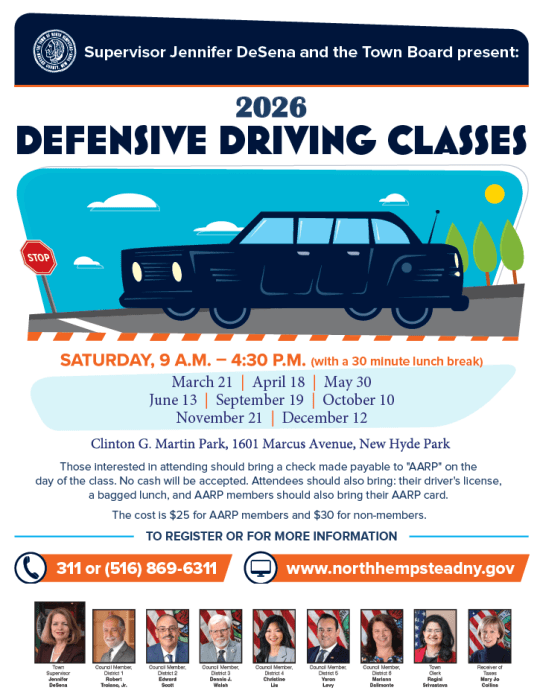 The Town of North Hempstead will partner with AARP to host defensive driving classes.