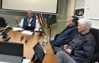 Plandome Heights Mayor Kenneth Riscica, Trustee Daniel Cataldo, Trustee Mary Hauck (L. to R.) discussing the budget.