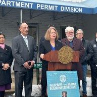 Receiver of Taxes Mary Jo Collins, Clerk Ragini Srivastava, Council Member Edward Scott, Supervisor Jennifer DeSena, Council Member Dennis Walsh, and architect TJ Costello (L. to R.) at the Wednesday, March 4, press conference.